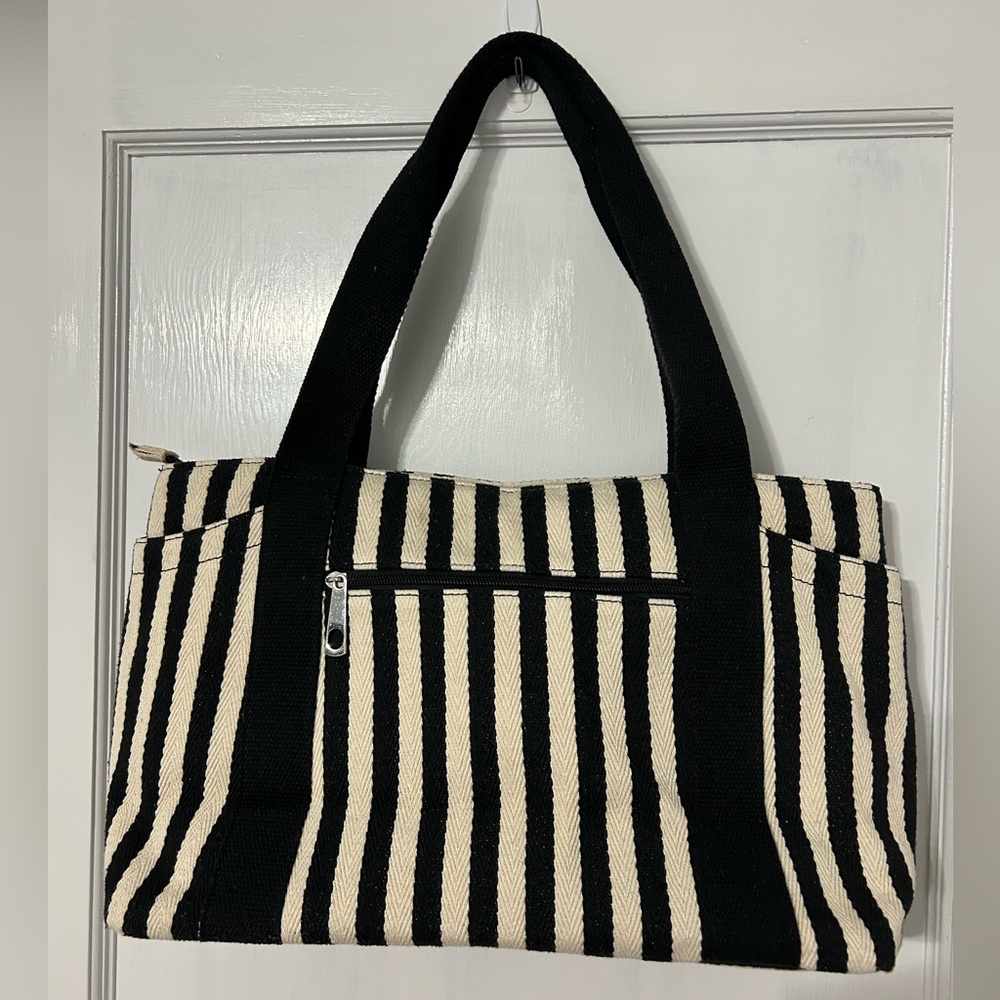 Black and Off White Cream Striped Tote Bag with outside pockets zippered closure